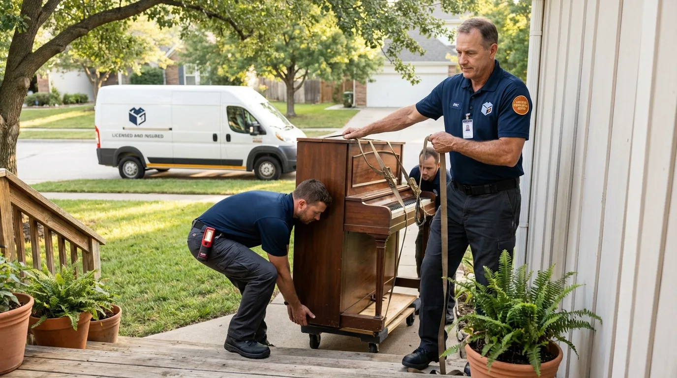 Licensed piano movers securing grand piano in Hiller, PA