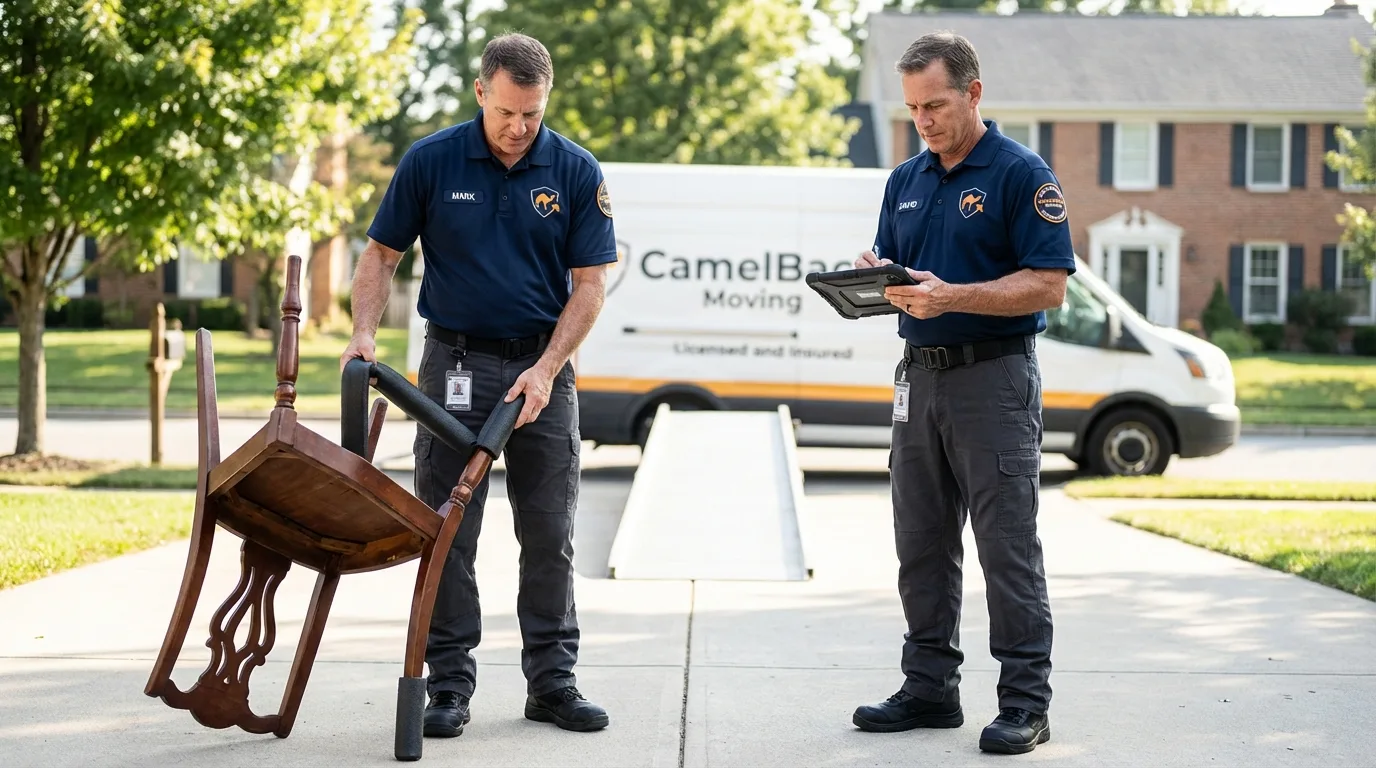 Movers inspecting furniture for damage prevention before loading in Hiller, PA