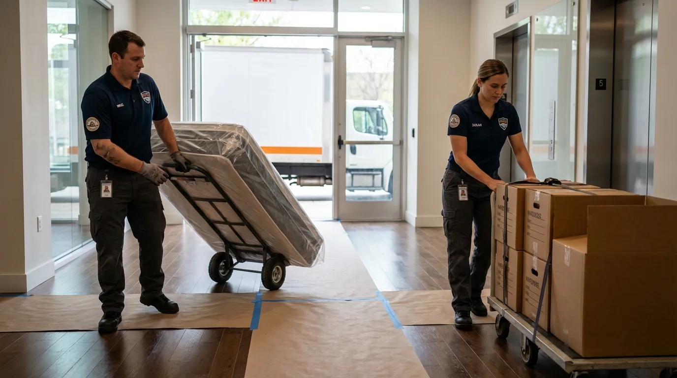 Professional apartment movers loading elevator in Hiller, PA